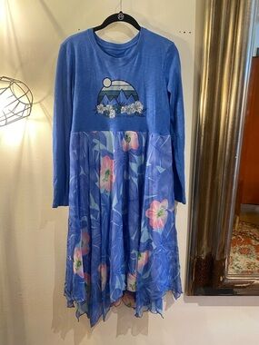OOAK Upcycled Life is Good Blue Floral Mixed-Media Long Sleeve Dress